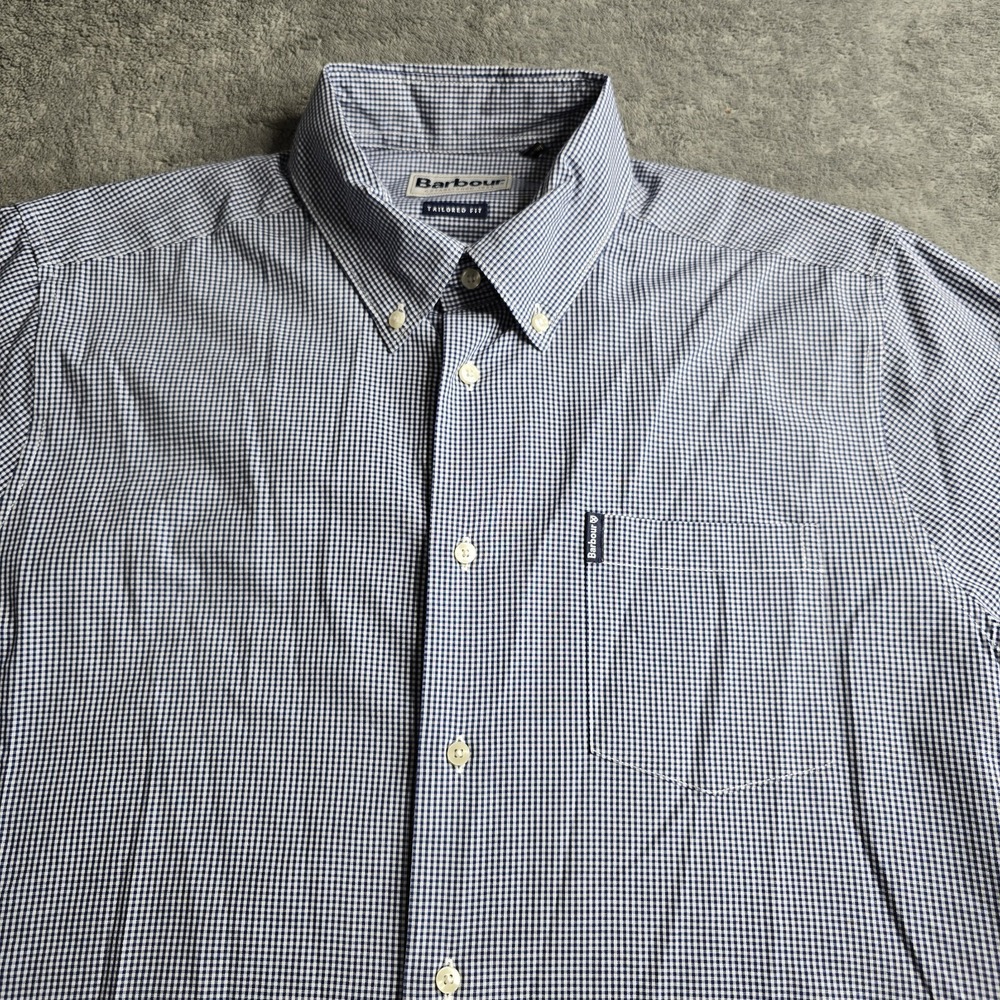 Barbour Dress Shirt Mens M Blue White Gingham Check Tailored Fit L/S Button Up